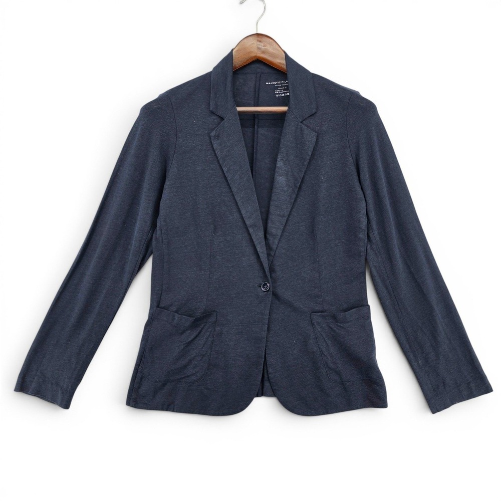 Majestic Filatures Womens Small Navy Linen Stretch Knit Blazer Jacket France NWT